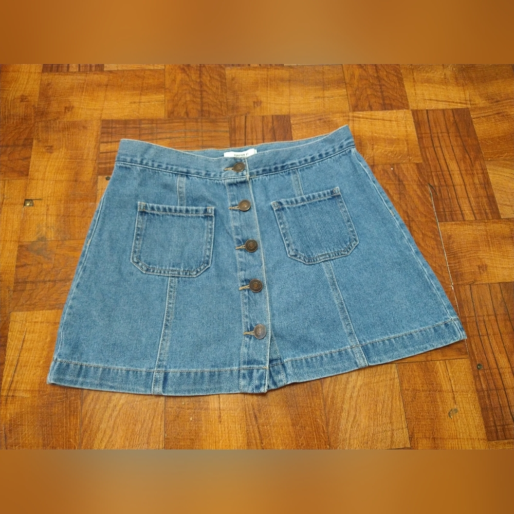 Forever 21 Button Down Med Wash Blue Paneled Denim Skirt Women Size 28